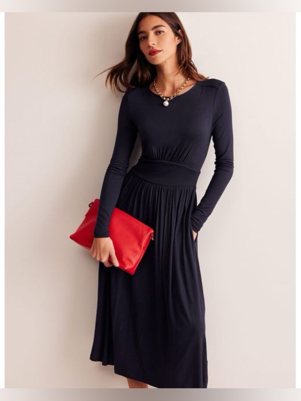 Boden Thea Long Sleeve Jersey Dress Navy